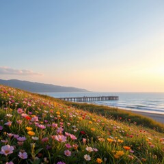 Obraz premium Coastal Meadow with Flowers and Pier