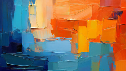 Closeup of abstract rough colorful blue orange multicolored art painting texture, with oil brushstroke, pallet knife paint, with square overlapping paper layers, complementary colors