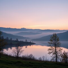 Fototapeta premium Serene Lake at Sunrise with Mountain Views