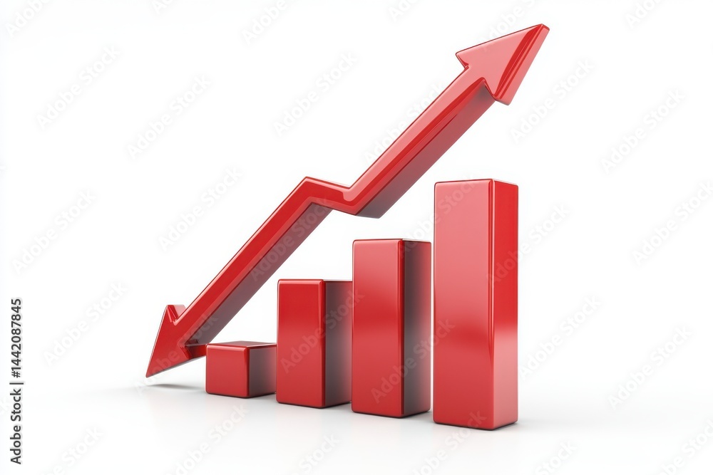 Poster a red arrow pointing up over a red bar graph on a white background indicating growth and success