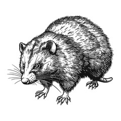 Vintage retro engraving illustration, opossum black icon, old engraving style, isolated element, black sketch logo, trendy animal art, antique wildlife engraving, forest animal