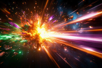 Fototapeta premium A radiant burst of light in electric green, gold, and purple, forming a chaotic energy field like the heart of a supernova with rapidly expanding trails of light