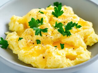 Scrambled eggs with parsley on dish