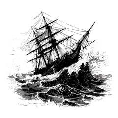 Vintage old ship sinking in storm, retro engraving illustration, black icon, isolated element, antique maritime art, classic ocean scene, hand-drawn ship disaster, © Vintage Studio