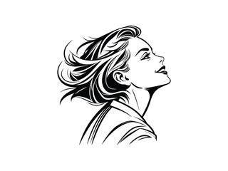 Elegant Woman Face in Wind – Black and White Vector Illustration