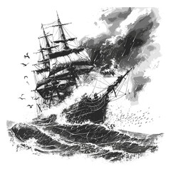 Old ship sinking during storm, vintage engraving illustration, black sketch, isolated element, retro style, trendy artwork, antique shipwreck, hand-drawn ocean storm, © Vintage studio
