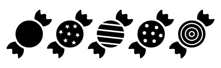 Round wrapped candies icon set, black silhouette isolated on white. Wrapper with stripes, polka dot and stars pattern. Stencil style. Vector and png clipart, sign or logo of minimalist design.