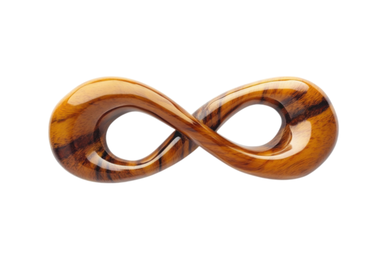 Hand carved infinity symbol polished wood elegant design rich brown tones swirling grain pattern