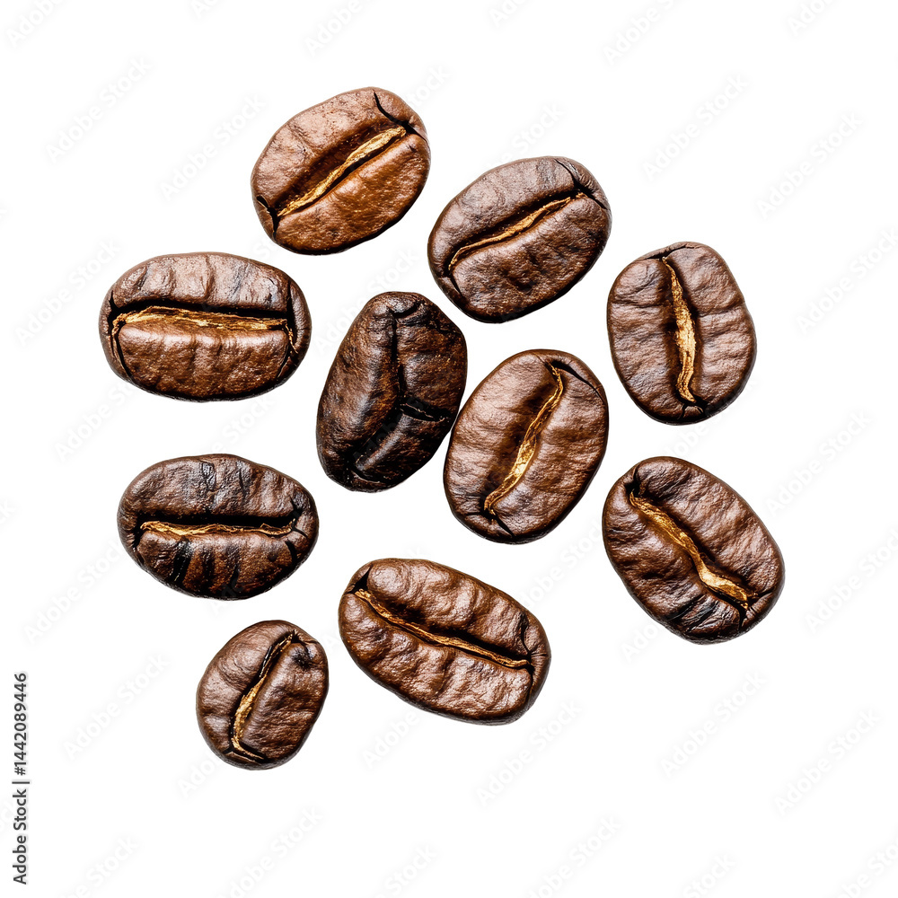 Poster roasted coffee beans displayed on a transparent background, showcasing texture and variety in shape 