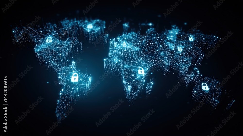 Poster a digital world map with glowing network connections and padlock icons symbolizing global cybersecur