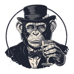 Vintage illustration, monkey holding cocktail, retro style emblem, engraved black sketch, trendy bar artwork, classic animal design, pub logo art, hand drawn mixology animal © Vintage Studio