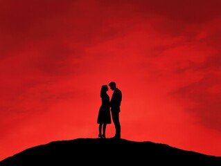 Couple in love, silhouette on a hill