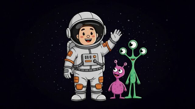 Astronaut clipart of a space explorer waving with two friendly aliens