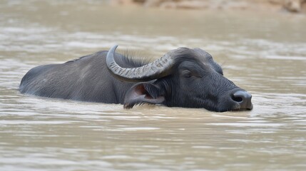 Obraz premium Water Buffalo Cooling Off in River