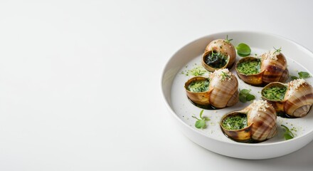 Escargots in shells, baked with garlic and herb butter, on a bright background, close-up, empty space on the left for promotional text.