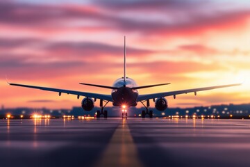 Airplane on the runway at dusk
