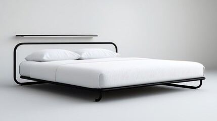 interior featuring a low-profile bed with crisp white linens, slim black metal frame, built-in wall shelves, and subtle recessed lighting, with a seamless blend of realistic 3D rendering and 