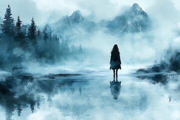 Fototapeta premium Misty mountain landscape with solitary figure.