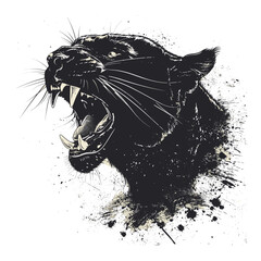 Bold panther roaring silhouette, minimalist black head sketch, fierce wild cat vintage style, trendy engraving art, retro jungle beast illustration, modern wildlife graphic, strong animal design © Vintage Studio