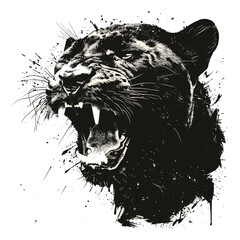 Vintage roaring panther head sketch, fierce black silhouette minimalist, old engraving style, trendy jungle wild cat art, retro predator drawing, bold feline artwork, modern animal illustration © Vintage Studio