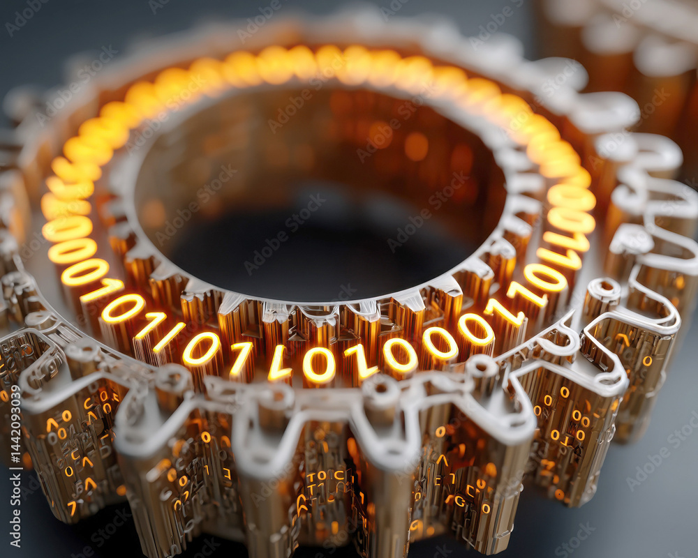 Poster a metallic gear with glowing binary code, symbolizing the fusion of technology and mechanics, is sho