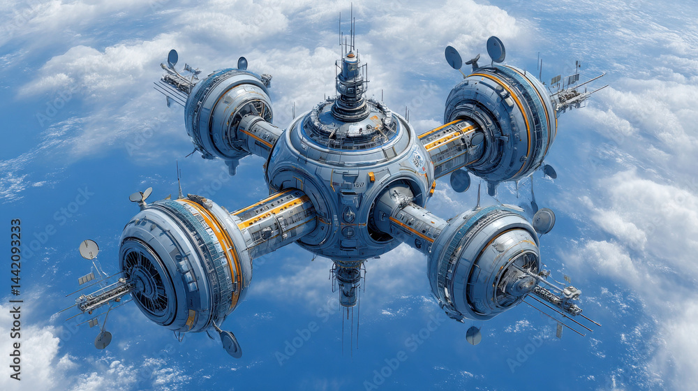 Poster futuristic space station orbits above the clouds, featuring a symmetrical structure with large modul