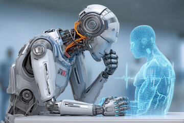Fototapeta premium A humanoid robot interacts thoughtfully with a holographic human figure, symbolizing AI-human connections and advanced technology.