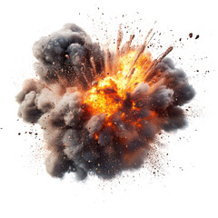 Dynamic explosion illustration with vibrant colors and realistic smoke effects, suitable for action and disaster-themed projects. High-quality 3D render in PNG format with transparent background.