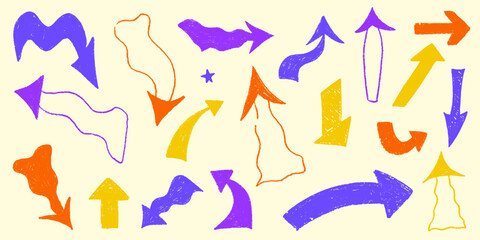 Arrow bold sketch with texture crayon chalk. Scribble hand drawn set arrow bold. Line crayon chalk set, Vector illustration