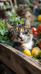 A calico cat peacefully napping in a wheelbarrow full of vegetables