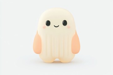 Cute, cartoonish, light beige, friendly ghost figurine.  A 3D rendered, cheerful, simple, character design with pastel colors.  Soft, rounded forms and expressive features