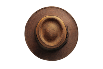 A stylish brown fedora hat seen from above showcases its unique texture and subtle color variations