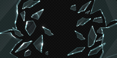 Broken glass shatter, vector realistic explode mirror or window on shard fragments, transparent crystal or ice debris