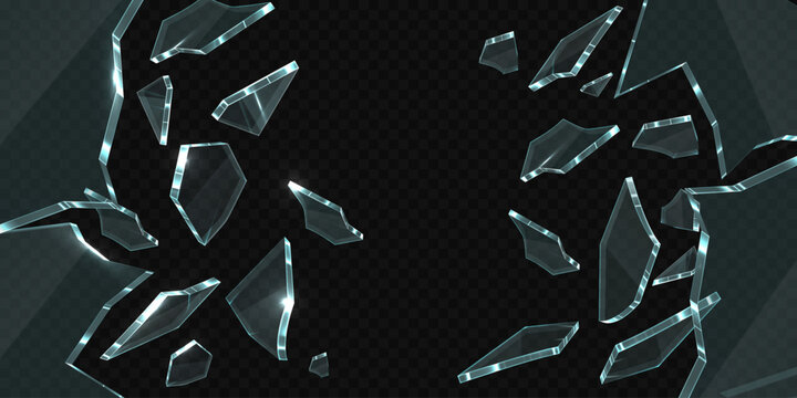 Broken glass shatter, vector realistic explode mirror or window on shard fragments, transparent crystal or ice debris