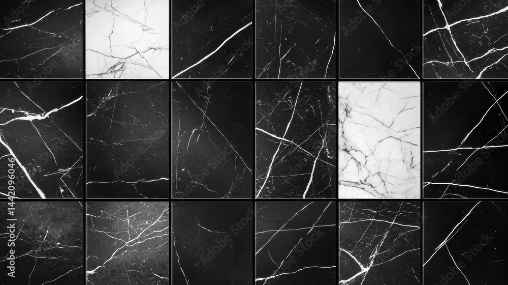 Poster a collection of black and white marble tiles arranged in a grid pattern.