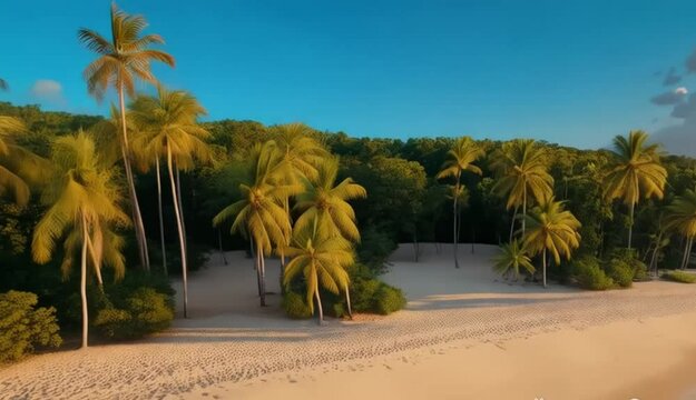 Tropical Beach Sunset with Palm Trees and Calm Ocean Waves