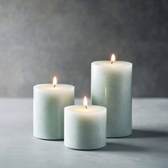 Three lit wax candles glow