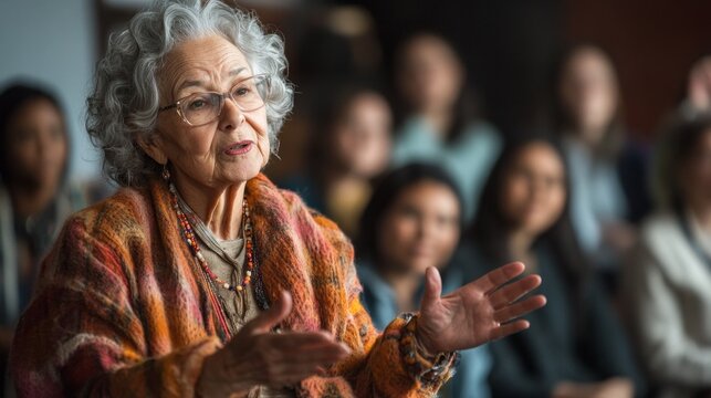 An elderly woman leads a workshop discussing peaceful conflict resolution strategies, engaging with a diverse audience eager to learn in a community environment