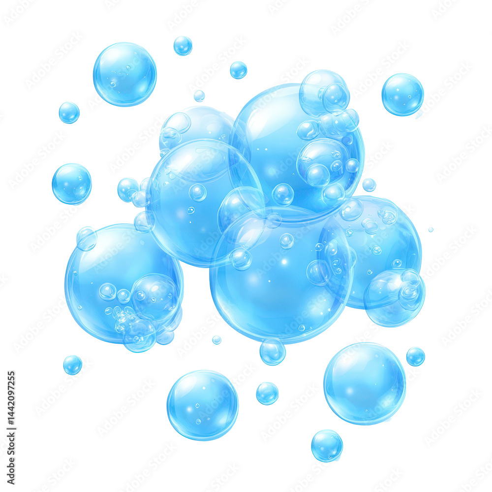 Wall mural blue bubbles abstract: a cluster of translucent light blue bubbles floats against a white background