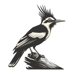 Simple modern logo, hoopoe bird, black sketch, vintage style, old engraving look, minimal bird illustration, trendy bird emblem, bird outline logo, line art bird