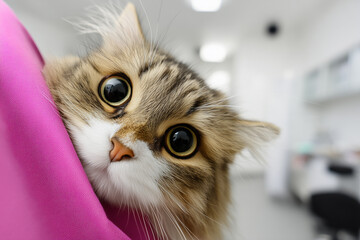  cat peeking out nervously from a pet carrier in a vet clinic