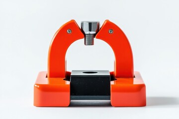 Bright orange precision tool holding a metal bolt studio shot clean background detailed macro view