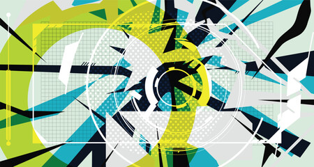 Retro Futuristic Abstract Graffiti Background Bold Wireframe Elements & Modern Comic Style Shapes 