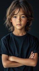 Portrait of a Young Boy with Long Hair, Serious Expression, Studio Shot