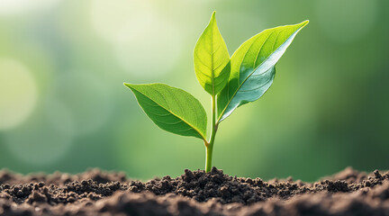 Young Plant Growing in Soil Against Blurred Green Nature Background