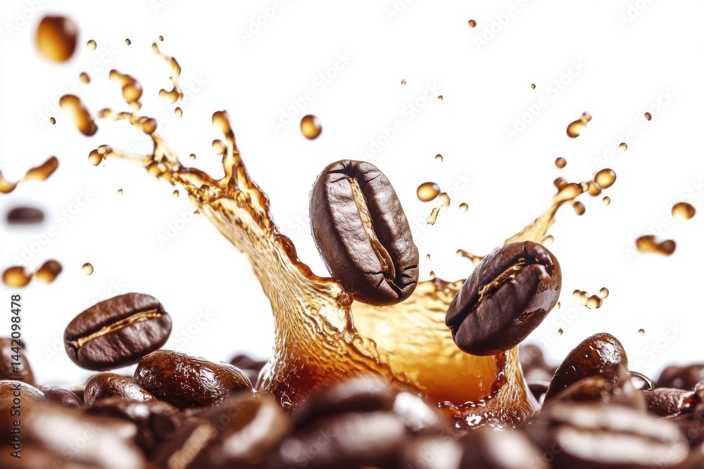 Poster coffee beans falling into liquid creating a splash with a white background in a close up shot