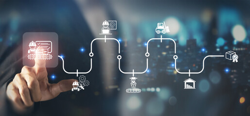 Production Management Concept. Interacting with virtual icon representing production planning and...