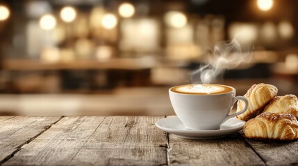 Obraz premium Coffee Break: A steaming cup of latte art coffee sits on a rustic wooden table alongside some freshly baked croissants, with a blurred cafe background. 