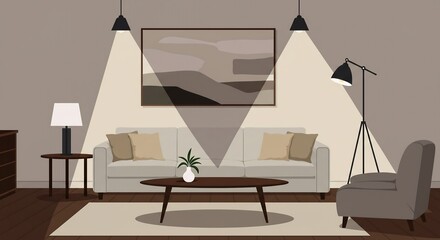 Cozy Living Room Illustration: Modern Interior with Couch, Artwork, and Warm Lighting