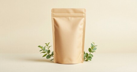 Flatlay kraft standing pouch with small green plant accents on light background. Perfect natural and eco-friendly mockup for sustainable product branding.